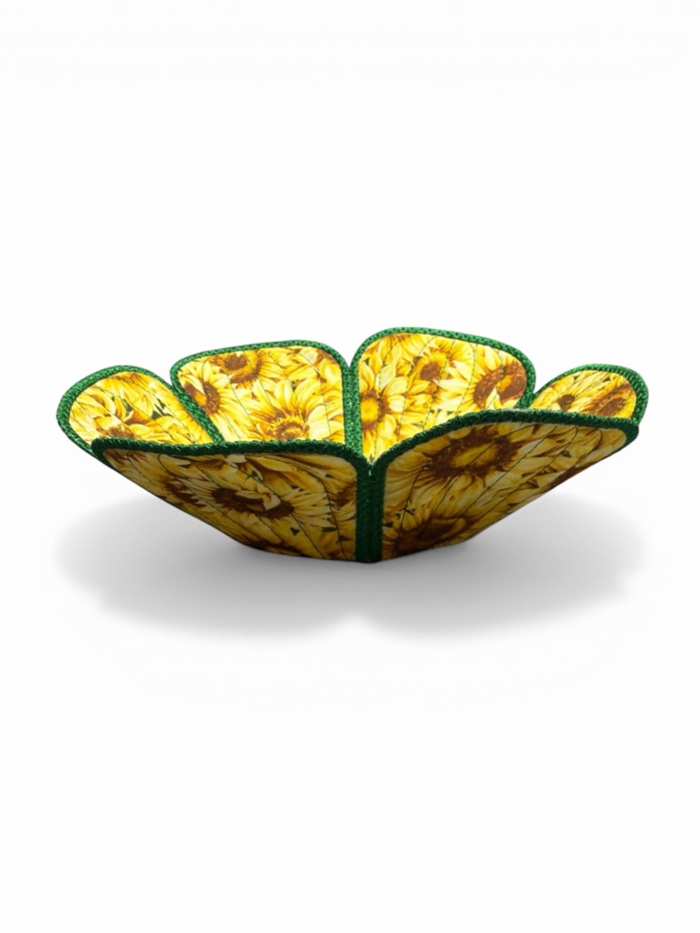 Hand Crafted Basket Bowl Quilted 8” round x 3” tall Sunflower with Green Trim - Picture 3 of 10